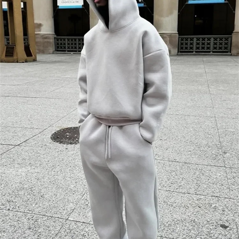 Casual solid couple hooded sweatshirt and loose sweatpants 2-piece set mens autumn jogging sweatshirt Trouser set 241231