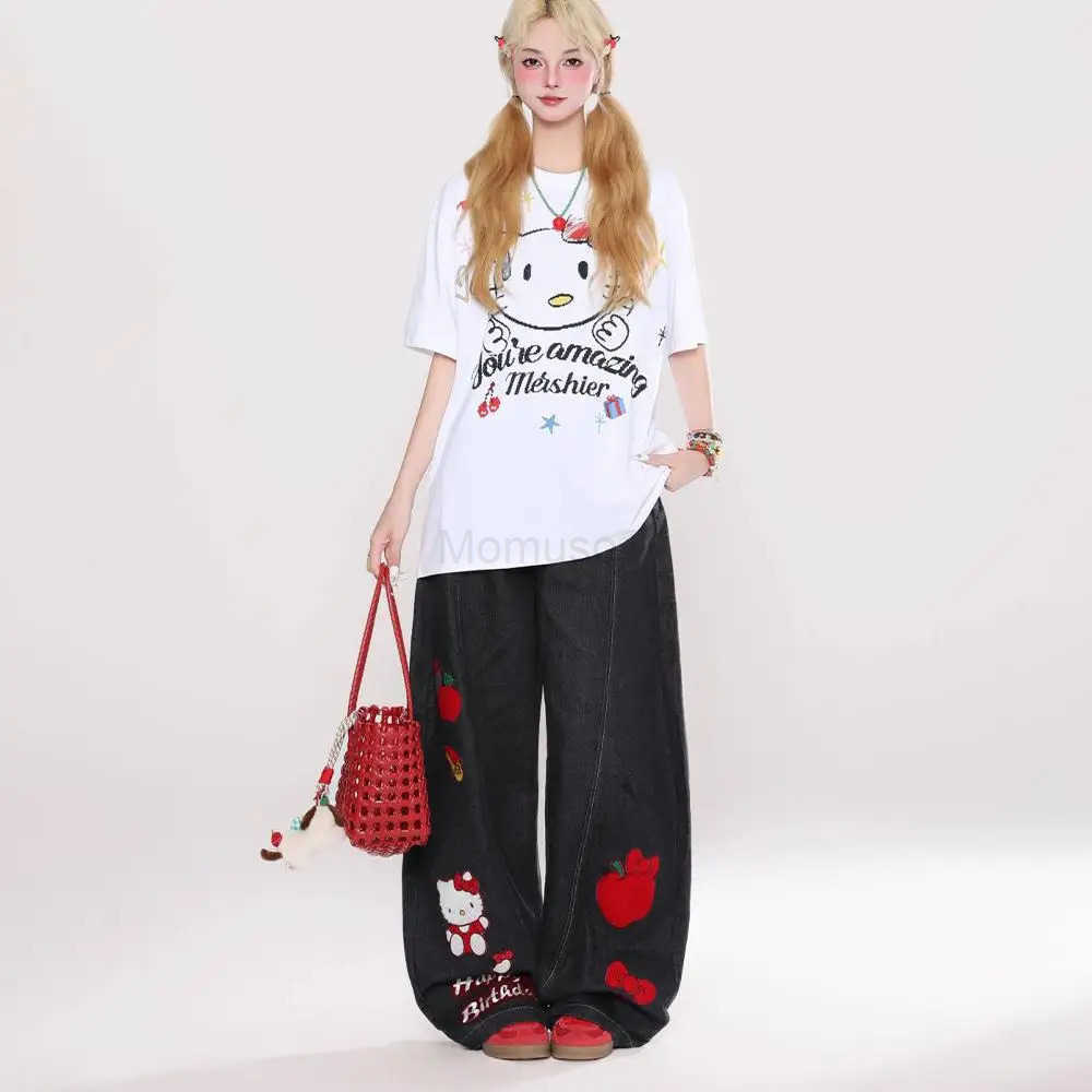Sanrio Cartoon Retro Women Jeans Y2K Hello Kitty Loose Anime Wide Leg Pants Cute American Straight Leg Pants Sweet Girls Gift L250925