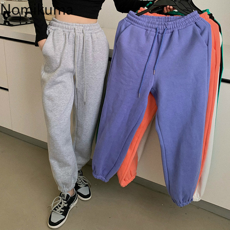 Nomikuma Autumn Winter Fleece Sweatpants Lace Up Korean Stretch High Waist Women Trousers Causal Solid Harem Pants 6D192 210427
