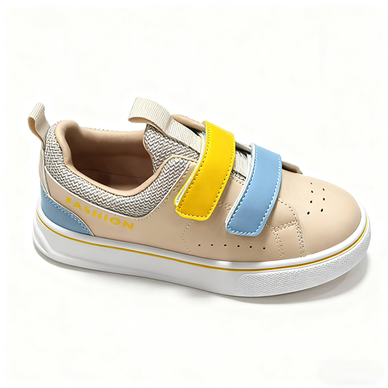 Casual Shoes Kids' Stylish Velcro - Strap Casual Sneakers - White with Yellow & Beige Accents, Ideal for Daily School Wear