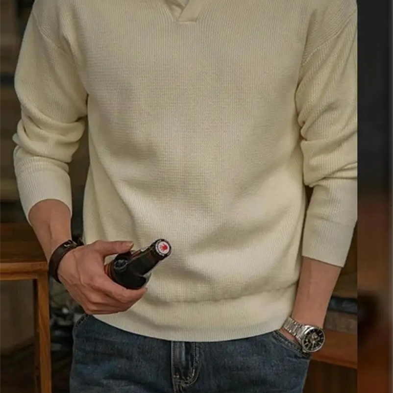 mens collar sweater autumn long sleeved solid color knitted polo shirt mens retro skydiving top streetwear sweater 241203