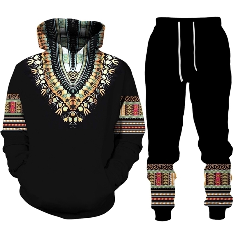 Men's Tracksuits African Dashiki Hoodie/Suit Men's Casual 3D Printed Ethnic Style Sweatshirt Pants Set Men/Women Folk-Custom Streetwear Trac