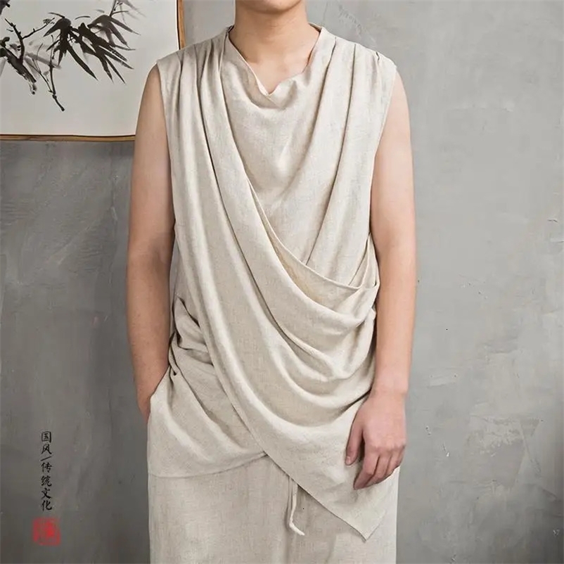 Men Clothes Summer Retro Asymmetrical Chinese Style Cotton Linen Tank Tops Y2K Casual Black White Loose Sleeveless T Shirt Vest 240703