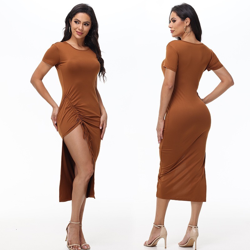 Women's Fashion Sexy Slim Fit Short Sleeve Solid Color Drawstring Irregular Slit Mid-Length Dress