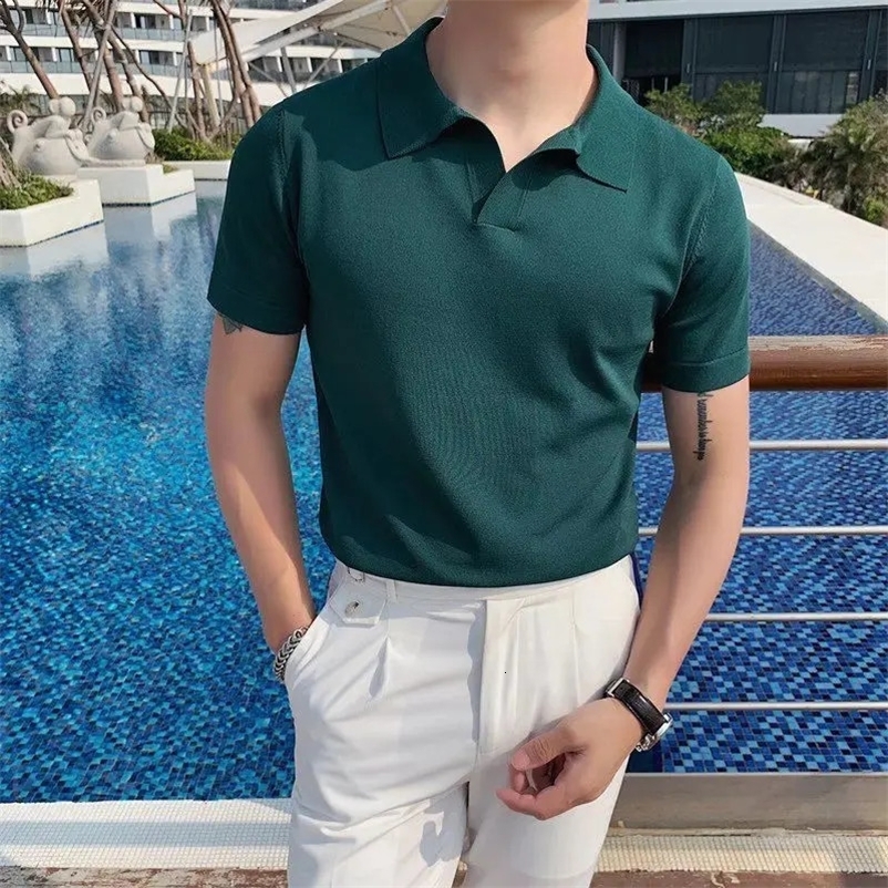 Summer mens knitted V-neck ultra-thin polo shirt Korean streetwear fashion short sleeved business casual edition top 241203