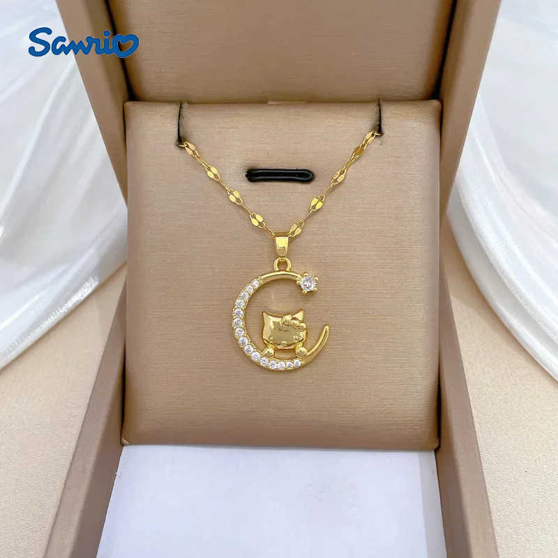 Sanrio Gold Color Hello Kitty with Moon Zircon Pendant Necklaces for Women Girls Stainless Steel Chain Accessories Jewelry Gifts L250925