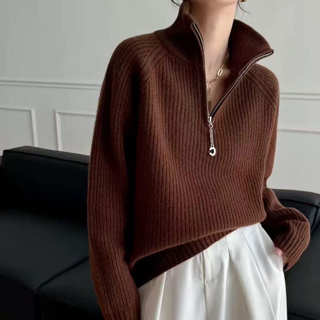 Autumn Winter New Loose Thick Fashion Design Turn-Down Collar Zipper Solid Color Knitted Sweater Women Pullover