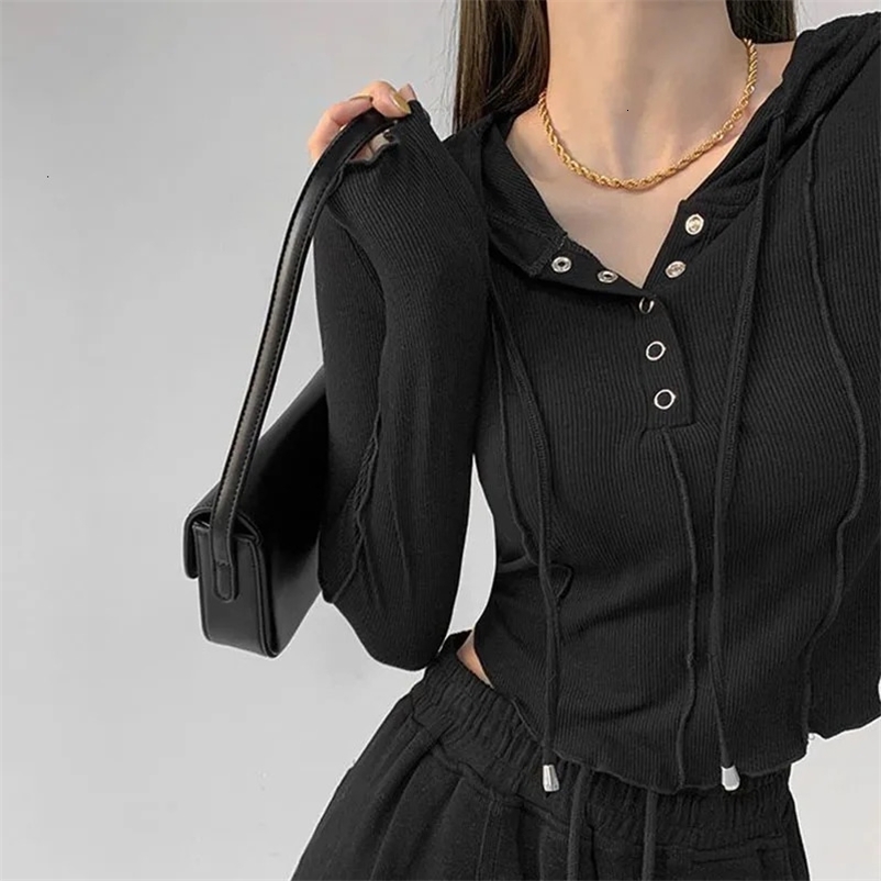 Rimocy Hooded Button Up Crop Top Women Autumn Winter Slim Fit Long Sleeve Y2K Top Woman Streetwear Wild Elastic T-Shirt Female 240716