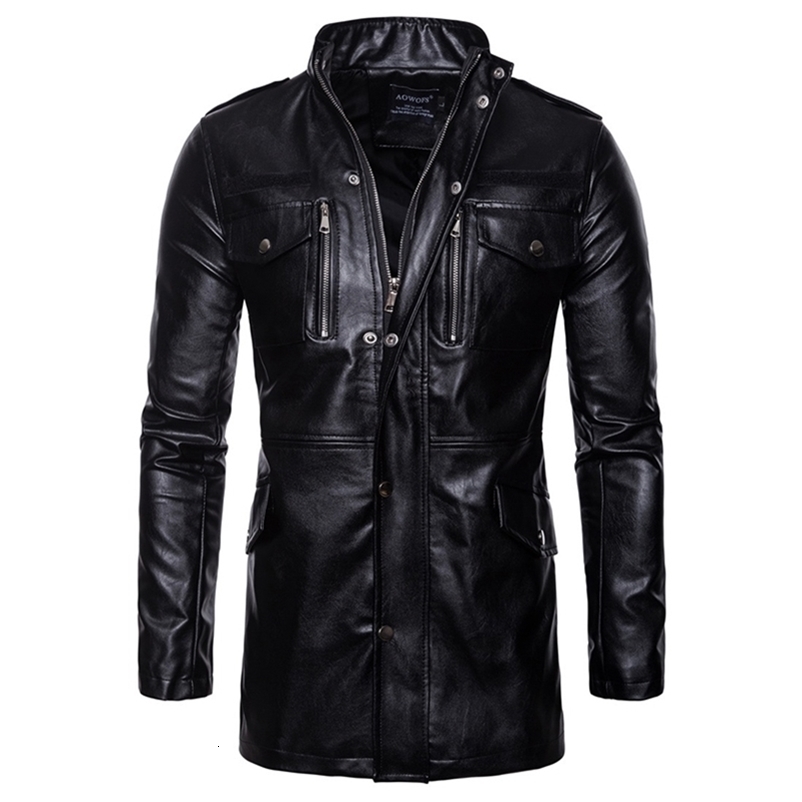 Men's Leather Faux Autumn Motorcycle Jacket Men Long Windbreaker Coat High quality PU Male Multi-Pocket 220913