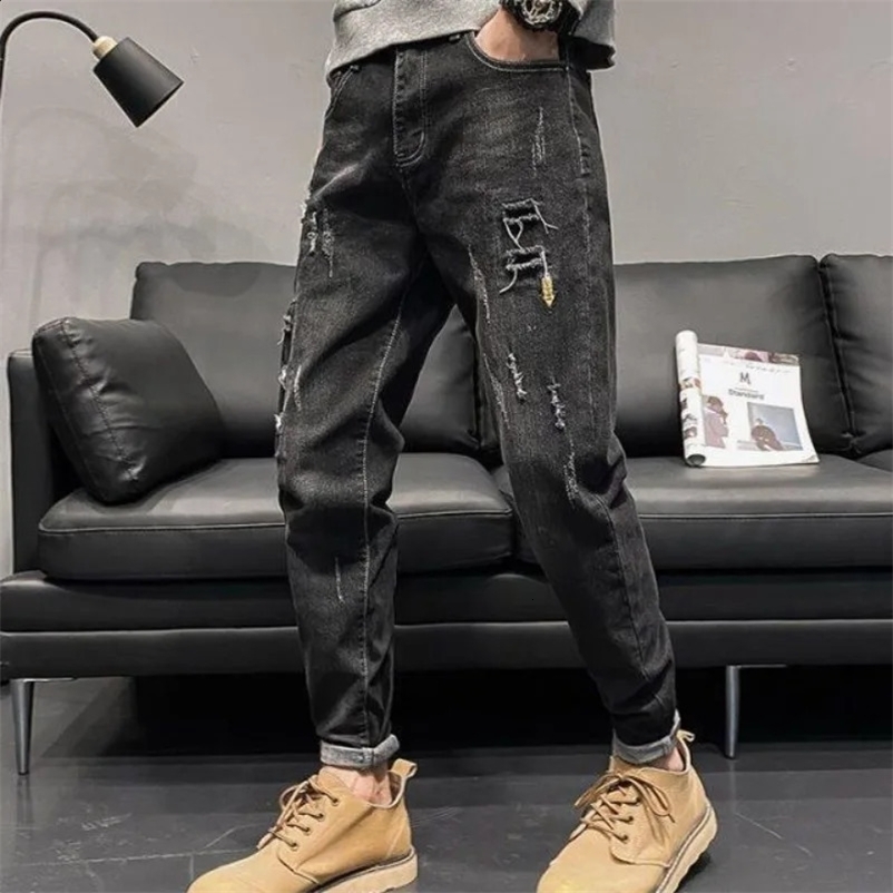 Mens Jeans Cargo with Openings Black Tear Mens Jeans Cone Break Korean Trouser Cotton Soft Trend Xs 241203