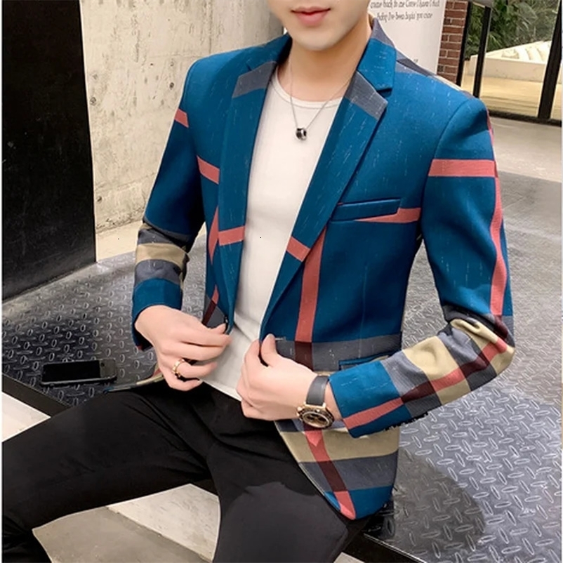 Men's Suits Blazers Men's Blazer Fashion British Style Contrast Plaid Stitching Pattern Striped Slim Casual High-quality Men's Clothing