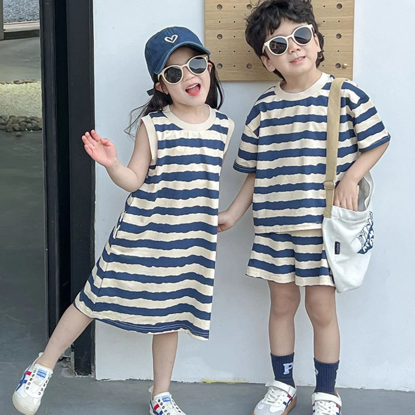 1pcs Summer Chldren Boy Stripe Short Sleeve TopsShorts Set Girl Sleeveless Vest Skirt Kids Toddler Fashion Leisure Clothes Set 250613
