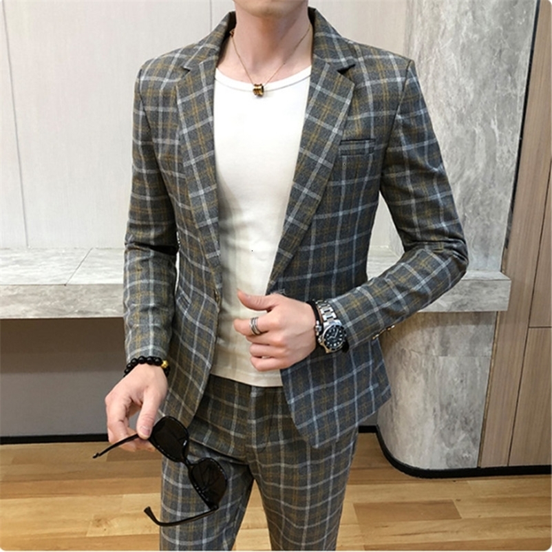 Men's Suits Blazers High quality suit trousers British style overalls casual wedding dress plaid business formal gentleman two-piece suit 230427