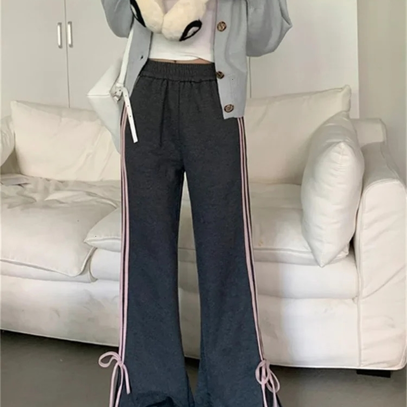 Deeptown Y2K Fairycore Bow Sweatpants Women Korean Fashion Ribbon Gray Jogger Pants Harajuku Sweet Girly Striped Flare Trousers 240530