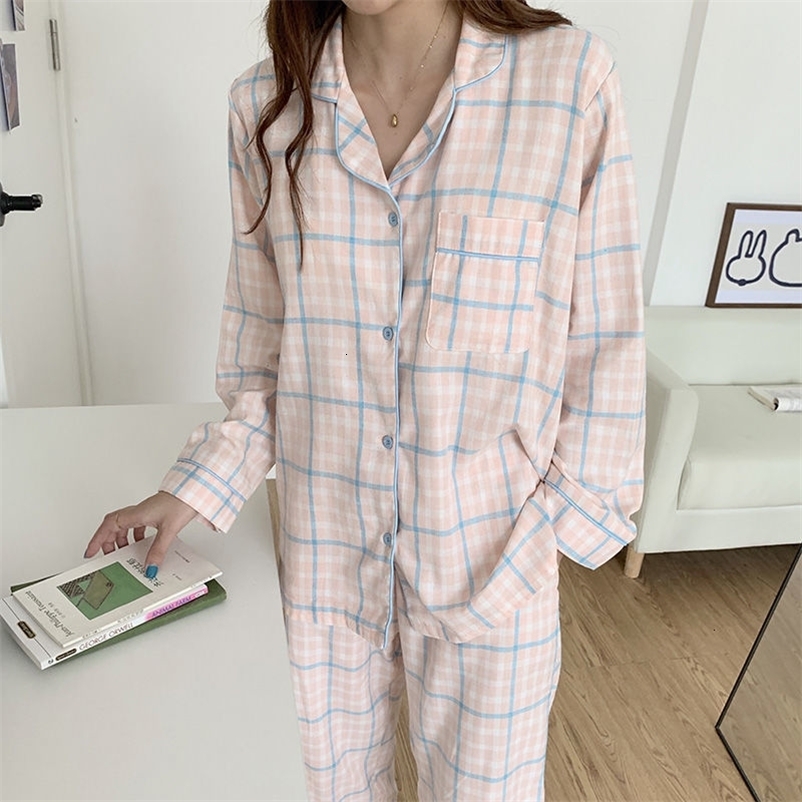 Women's Sleepwear Korean Style Women Plaid Print Pajamas Set Full Sleeve TopsLong Pants 2 Pieces Suit Casual Loose Sleepwear Lounge Wear 230227