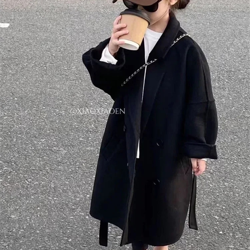 Wool Girls Korean Childrens Clothing Autumn Overcoat Versatile Spring Black Middle Length Woolen Cloth Overcoat 241014