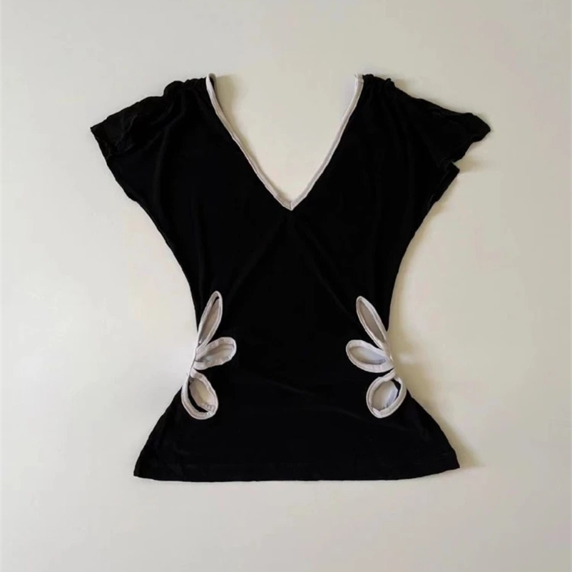 Retro hollow V-neck backless three-way womens summer Grunge casual womens tank patch work contrast color crop top Y2k aesthetics 250422