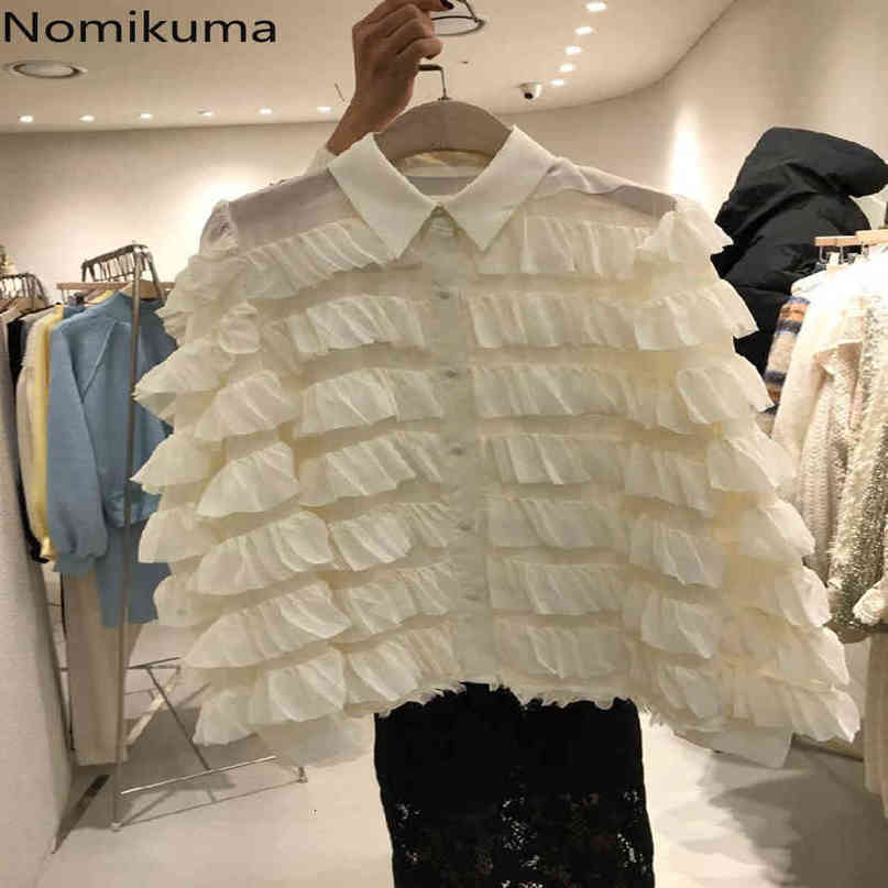 Nomikuma Women Blouse Spring Sweet Layered Ruffle Shirt Fashion New Elegant Long Sleeve Blusas Feminimo Tops 6D865 210427