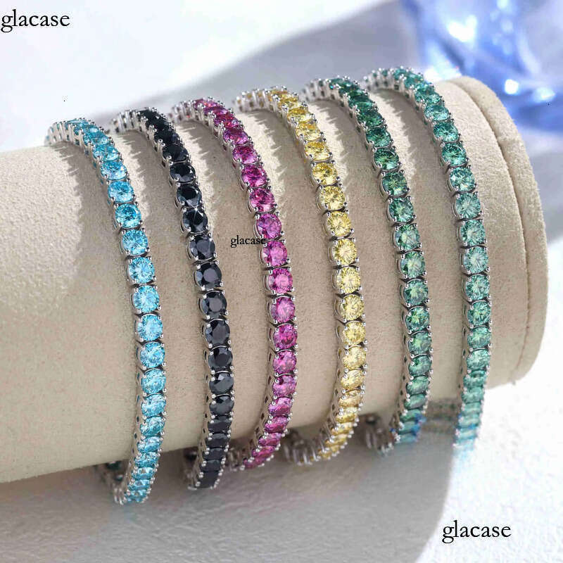 FancyJewelry Hip Hop Sterling Sier VVS Dia 3mm Moissanite Tennis Bracelet Black Blue Blue-Green Yellow Pink