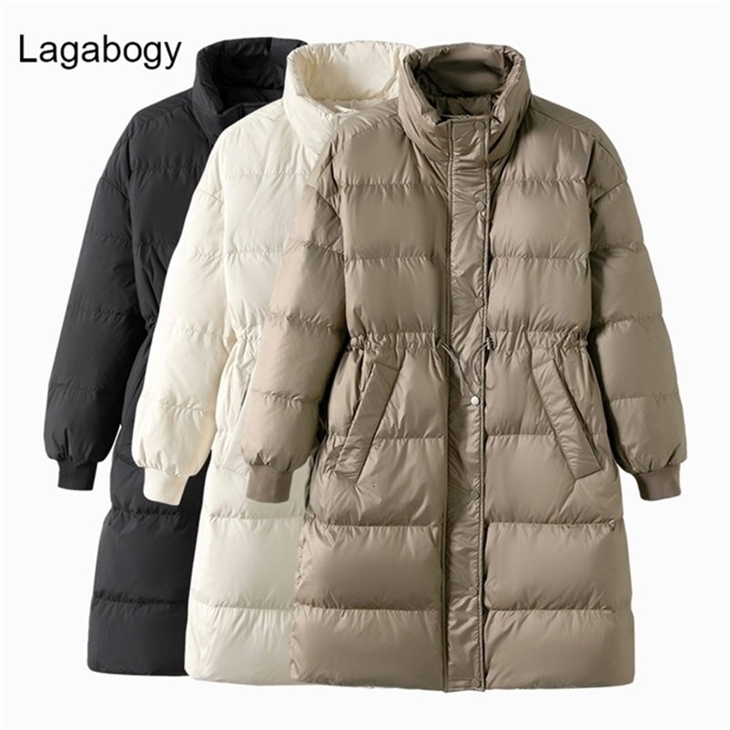 Women's Down Parkas Lagabogy Winter Stand Collar Long Women White Duck Down Jacket Female Loose Windproof Khaki Parka Thick Warm Snow Coat 221007
