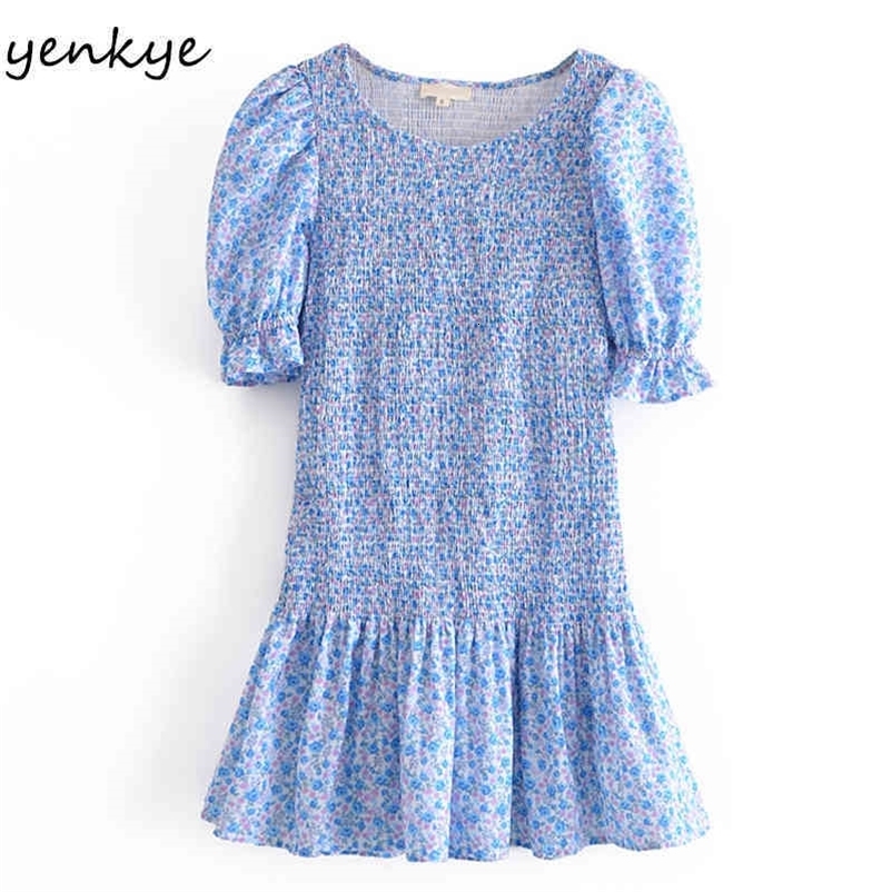 YENKYE Summer Women Blue Floral Print Dress Female Puff Sleeve Elastic Clothes Casual Slim Mini Vestido 210515