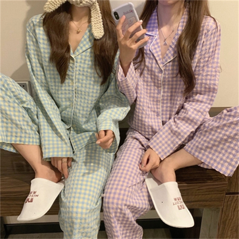 Women's Sleepwear CAIYIER Green Grid Women Pajama Set Korean Style Loose Leisure Sleepwear Elastic Waist Pant Nightwear Spring Winter Home Clothi