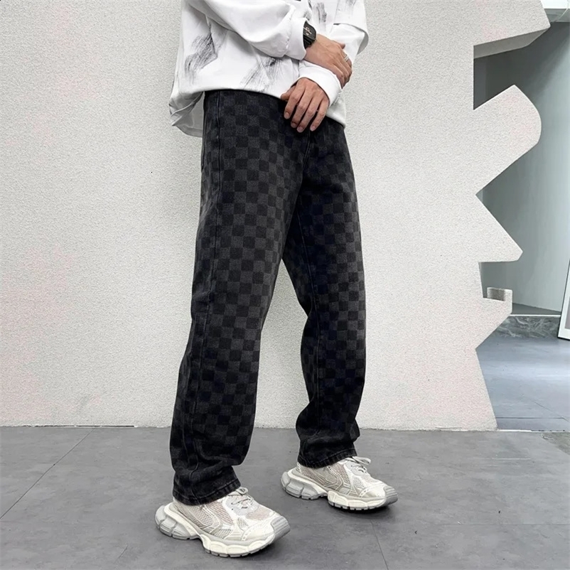 Plaid printed jeans for men Autumn Fashion Street straight loose casual wide-leg mop Y2K denim long pants 240911