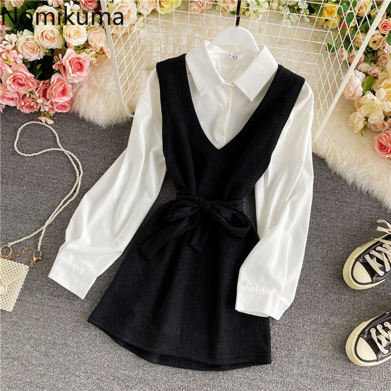 Nomikuma Spring Korean Women Blouse 2pieces Sets Long Sleeve Blusas Shirt + Bow Bandage Slim Waist Vest Elegant Suits 6D876 210427