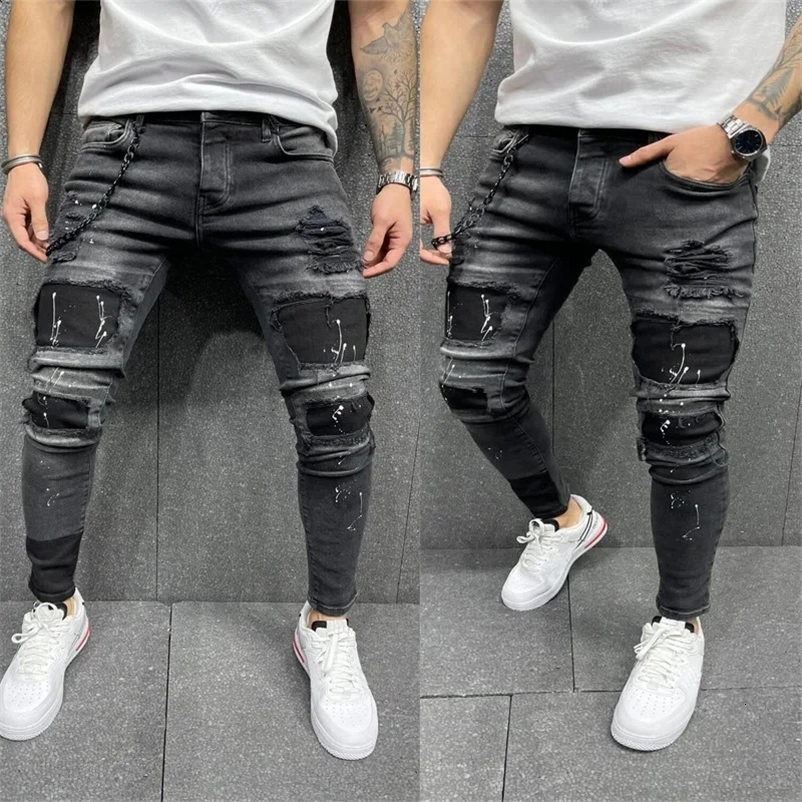 Black 90% Cotton Men Retro Wash Distressed Stretch Ripped Jeans Tight Hole PATCH Denim Pantalones Printing Zipper Joggers 240809
