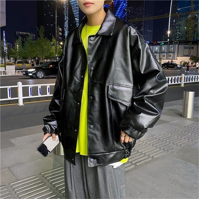 Men's Leather Faux Hybskr Loose Jackets Motorcycle Clothes PU Black Coat Fashion Casual Unisex Streetwear Harajuku Jacket 5XL 220913
