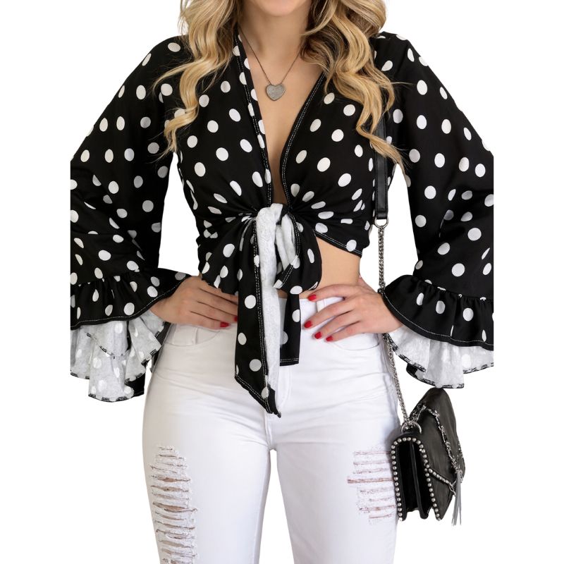 Women's Early Autumn Sweet Polka Dot Print Blouse, Ruffle Sleeve Tie - Front Casual Versatile Milk Silk Top-CF52701
