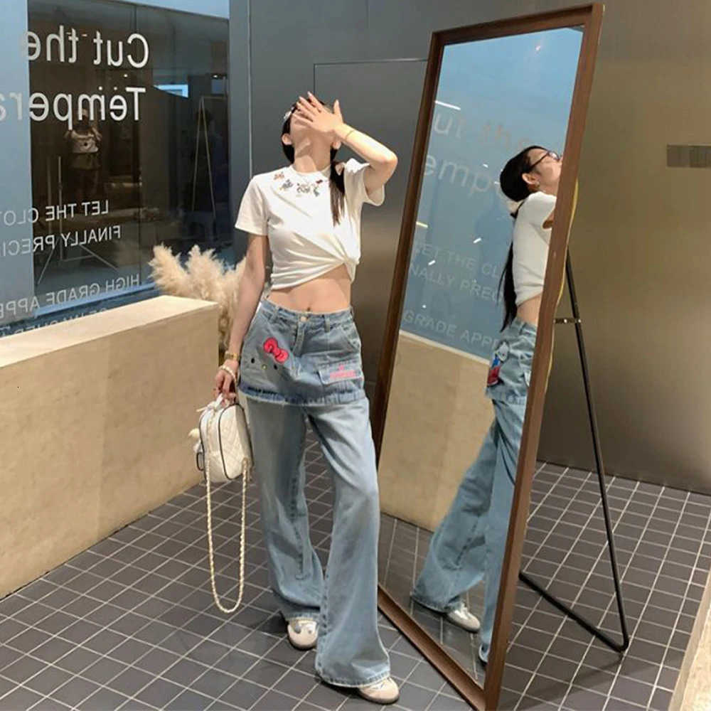 Sanrio American Print Hello Kitty Jeans Cute Female High Wais Long Pants Summer New Retro Loose Look Thinner Straight Trousers L250925
