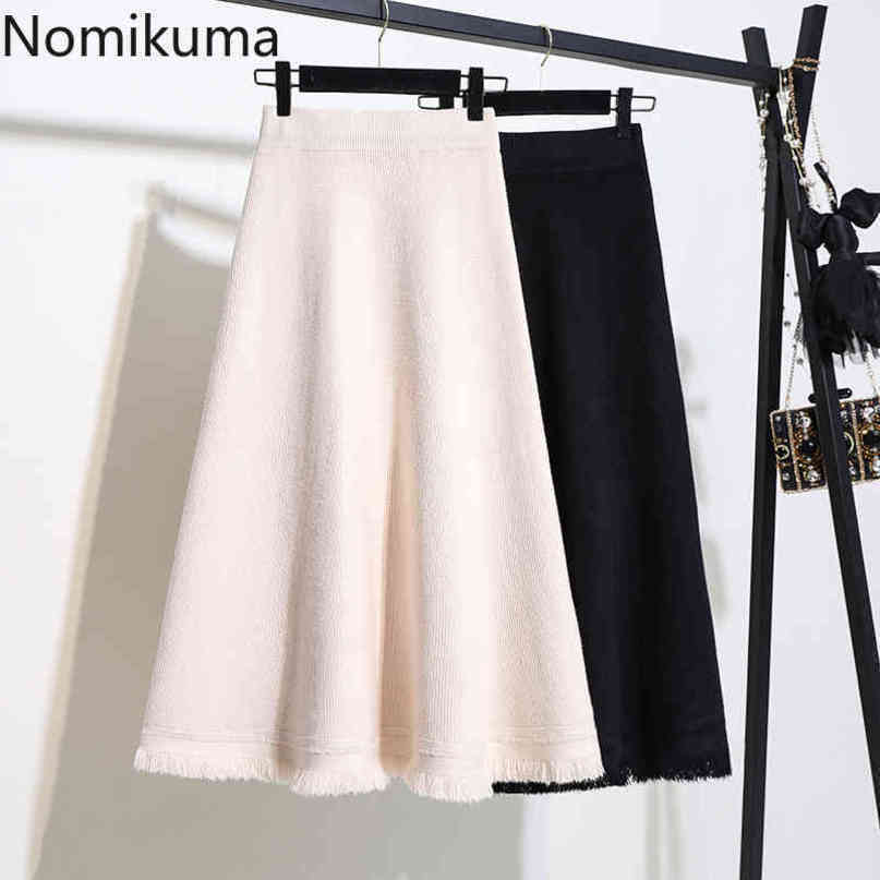 Nomikuma Autumn Winter Women Sweater Skirt Korean Tassel High Waist A-line Knitted Skirts Causal Solid Faldas Mujer 6D045 210427