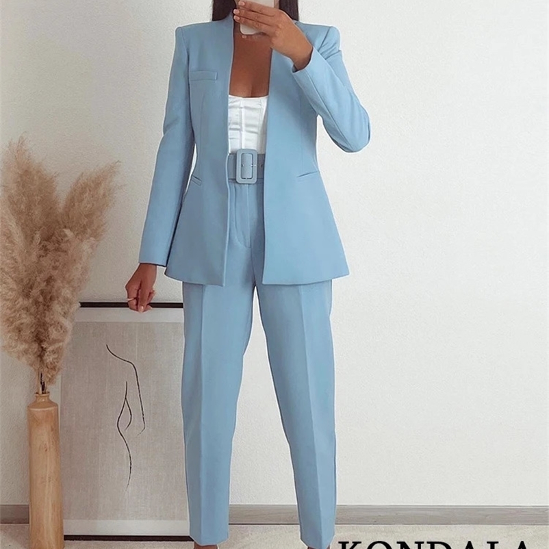 KONDALA Office Lady Light Blue Blazer Suits Women 2 Pieces V Neck Loose JacketsHigh Waist Sashes Pants Fashion Autumn Sets 240809