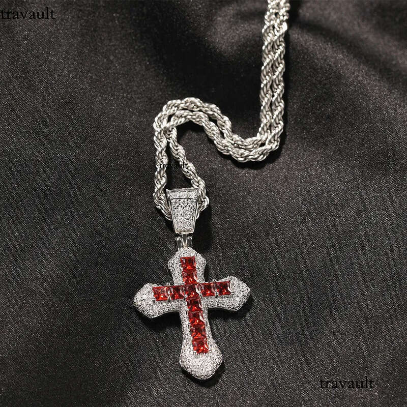 Blue Red Zircon Cross Fashion Mens Gold Necklace Hip Hop Iced Out Pendant Necklaces Jewelry