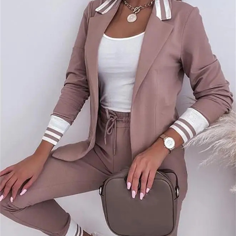 Womens Spring Double Breasted Blazer Office Pantsuit Striped Notched Collar Blazer Coat Drawstring Pants Set 2 Piece Set Female 240809