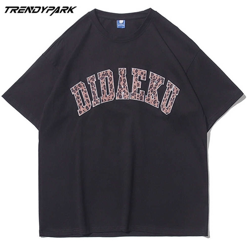 Men's T-shirt Summer Short Sleeve Leopard Embroidery Letters Tee Hip Hop Oversized Cotton Casual Harajuku Streetwear Top Tshirts 210601