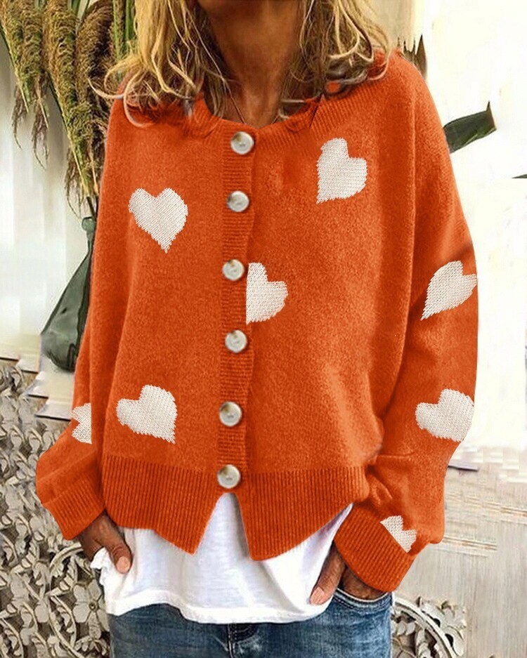 Autumn Winter New Knitted Single-Breasted Heart Women's Coat Sweater