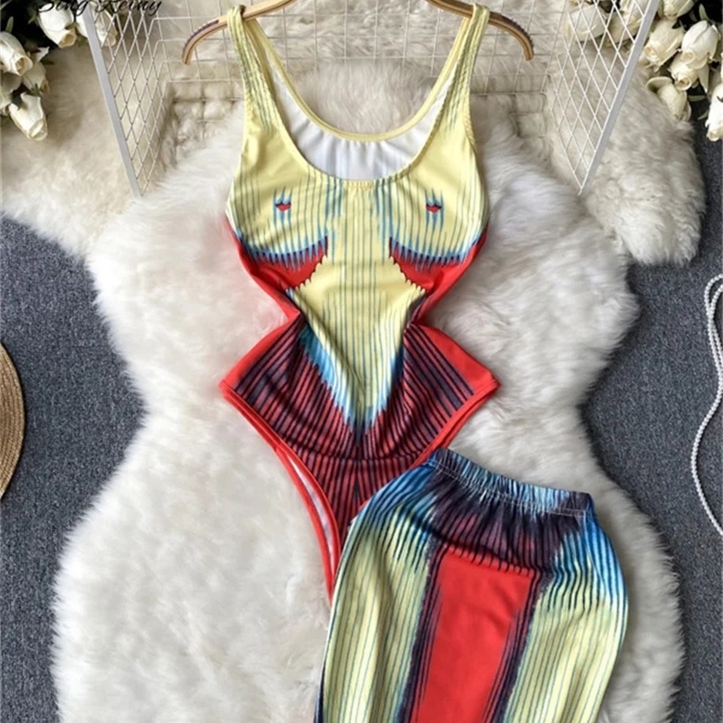 SINGREINY Fashion Print Skirt Suits Women Slim Sleeveless Camis BodysuitsMini Short Skirts Streetwear Summer Playsuit Sets 250320