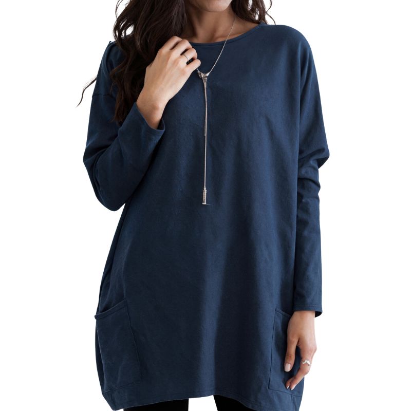 Women's Early Autumn Fashion Casual Navy Blue Long - Sleeve Top, Milk Silk Loose Mid - Length Tunic with Pockets-CF52906