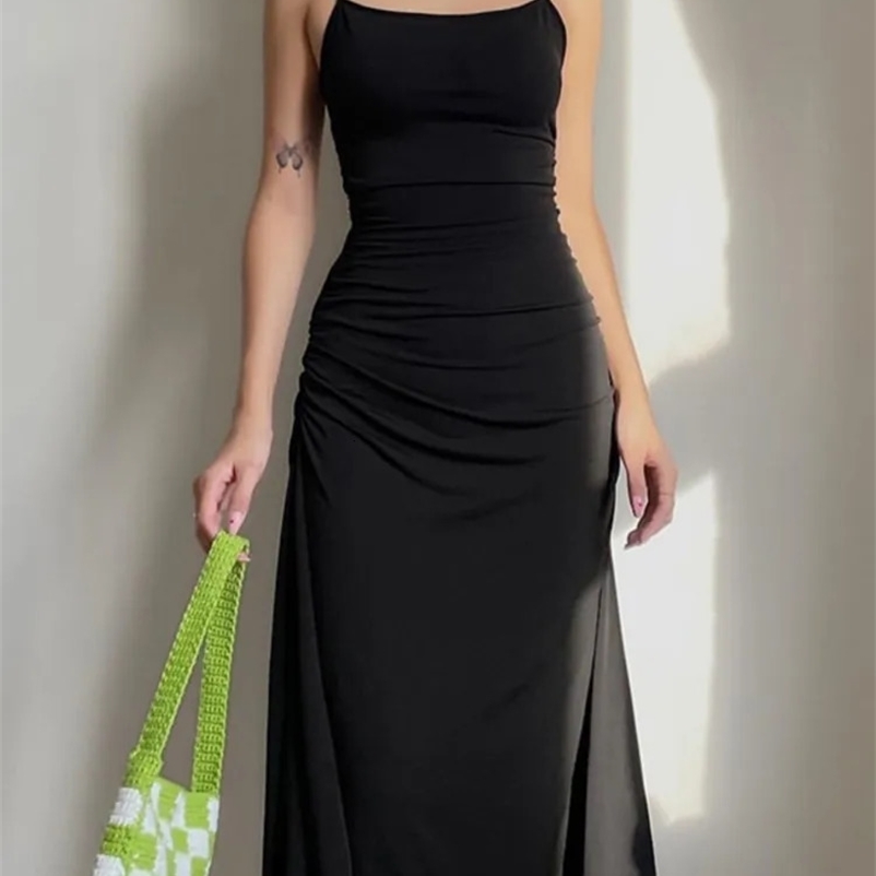 Fashion Strappy Ruched Clothing Sexy Black Party Dress Irregular Elegant Backless Long Midi Womens Dresses Vestidos Para Mujer 240319