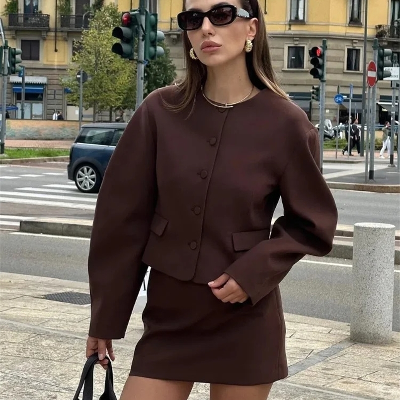 Elegant Mini Skirt Suits Women 2 Pieces Sets Fashion Balloon Buttons Cropped Blazer Coat Zipper Skirts Female Streetwear Outfits 250109