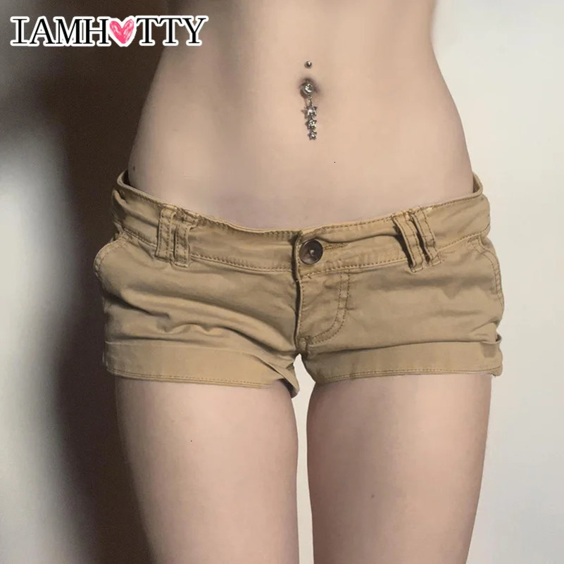 IAMTY Low-rise Cargo Denim Shorts Khaki Vintage Skinny Jean Pants High Street Casual Basic Bottoms Cool Jean Shorts Women 250520