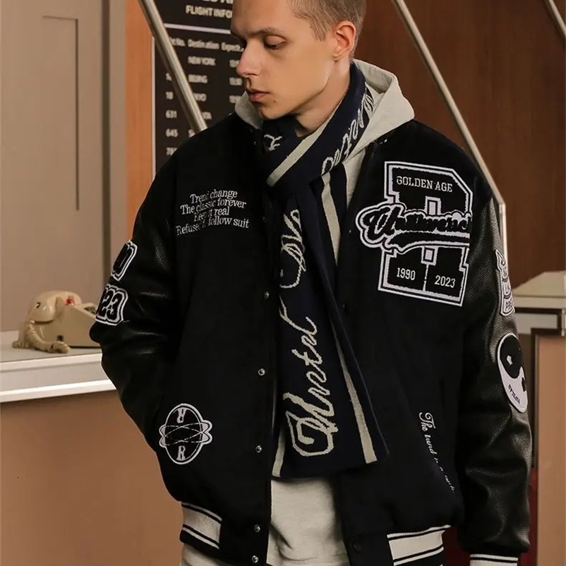 Mens American style heavily embroidered jacket Y2K retro baseball uniform black personalized spring and autumn wool leather 240809