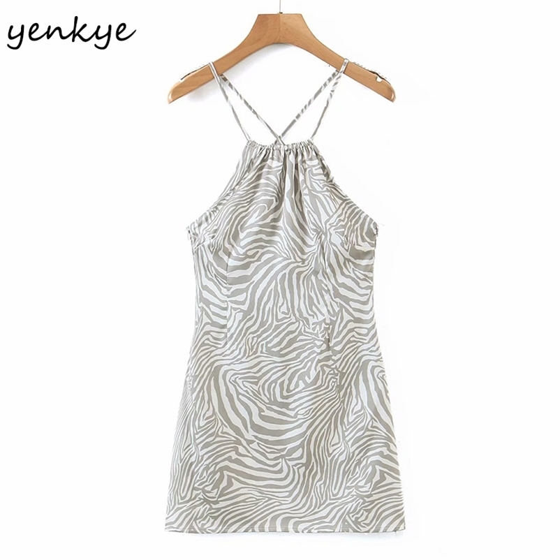 YENKYE Vintage Animal Print Sexy Dress Fashion Women Backless Halter Bodycon Mini Dress Female Summer Night Out Vestido 210515