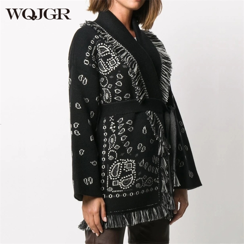 Women's Knits Tees WQJGR High Quality Jacquard Cardigan Sweater Women Wool Cashmere Kniited Tassel Loose Full Sleeve Fashion Autumn Winter 230912