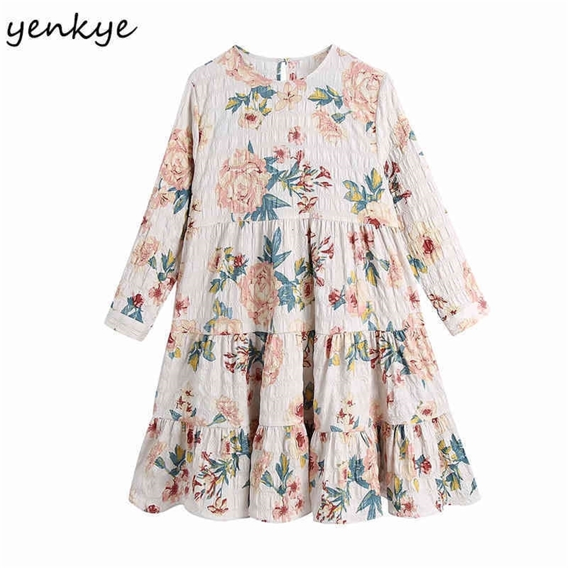 YENKYE Vintage Floral Print Mini Dress Women O Neck Loose Casual Dress Female Summer Plus Size Short Vestido 210515