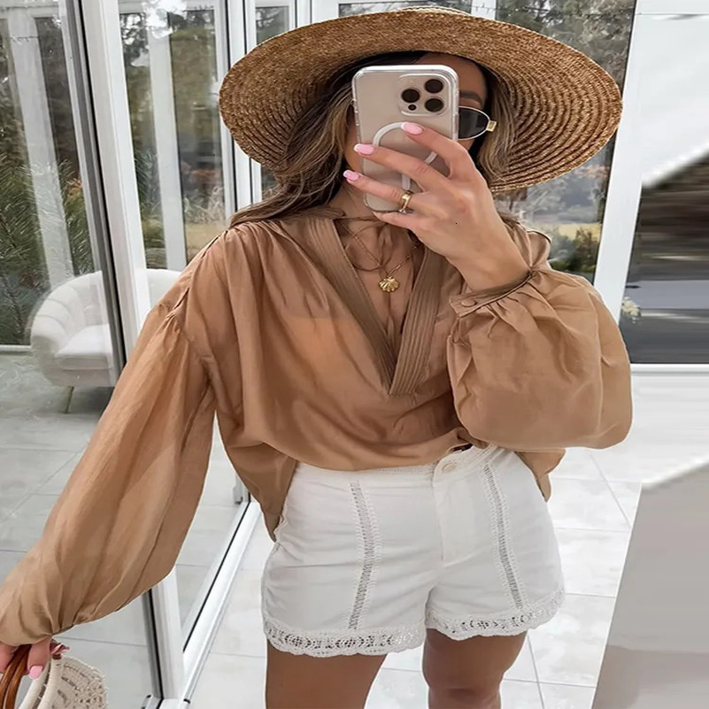 Elegant loose womens shirt lace O-neck lantern sleeve womens T-shirt spring/summer street fashion splicing womens top 250402