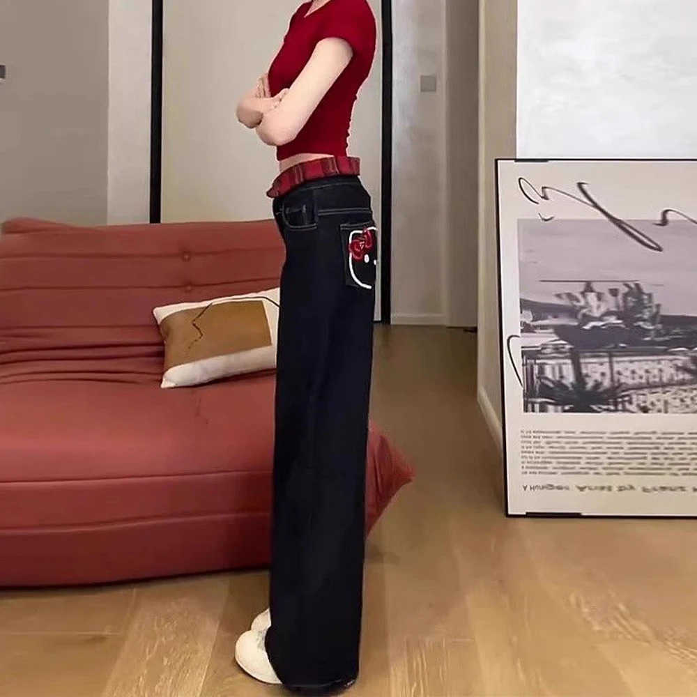Sanrio 2025 New Long Pants Sweet American Hot Girls Hello Kitty Cat Embroidered Jeans Cute Womens Black Straight High Waist Wide Legs L250925