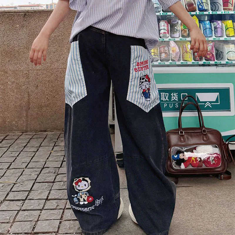 Sanrio Cartoon Hello Kittys Embroidery Jeans Y2K Womens Version Streetwear Jeans Fashion Printing Retro Wide Leg Pants Girls L250925